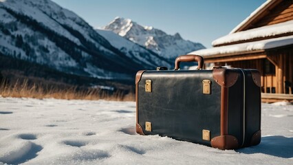 A travel suitcase on snowy ground outside a cozy cabin in a serene, mountainous winter setting