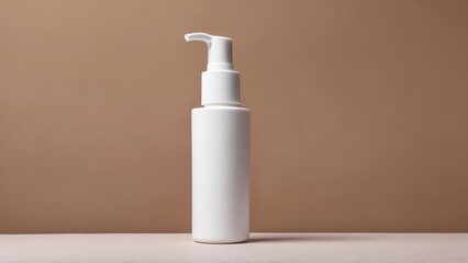 Plain white cosmetic pump bottle against a brown background, modern and elegant