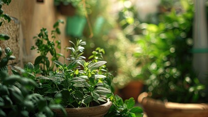 Lush herb garden with diverse greenery in pots
