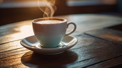Obraz premium White cup of coffee on a vintage table with a soft bokeh background