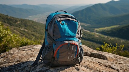 Backpack placed on a rock by a mountain trail, concept of hiking and outdoor adventure