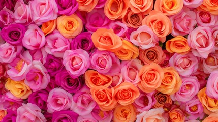 Colorful close-up of pink and orange roses in full bloom creating a lush and vibrant floral display - Powered by Adobe