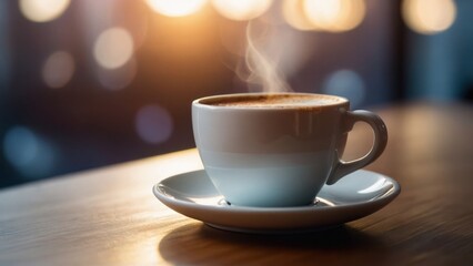 Obraz premium A white cup of coffee on a sleek desk with a sunset in the background