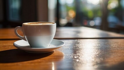Fototapeta premium A white cup of coffee on a cozy cafe table with a soft focus and warm atmosphere