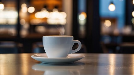 Fototapeta premium Cozy modern cafe scene with a steaming cup of espresso on a wooden table, warm lighting