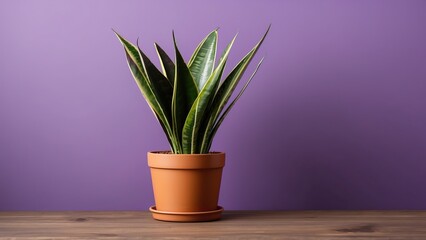 A snake plant (sansevieria) in a  pot with purple background, minimalist design