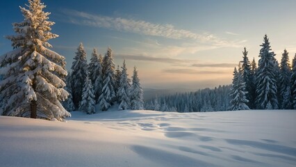 Snowy evergreen landscape with a peaceful winter atmosphere, perfect for holiday designs