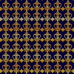 Fototapeta premium Symmetrical Yellow Floral Pattern on Dark Blue Background - Ornamental Textile Design.