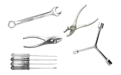 Collection of motorcycle repair tools on white