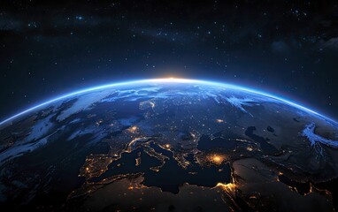 Fototapeta premium A cosmic glow tracing Earth's digital outline, high-angle view with dark background, highlighting the digital glow of continents, futuristic and cosmic