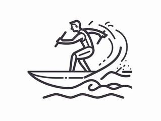 Line art icon illustration of a surfer riding a wave