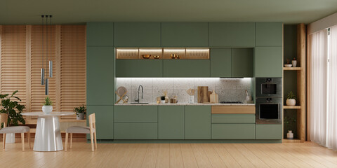 kitchen room interior design with dark green wall,Dining room interior- 3D rendering © Vanitjan