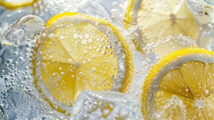 Slices of lemon in sparkling water with ice, refreshing drink