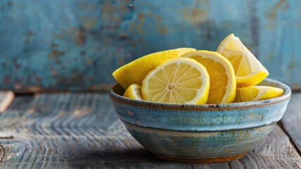 Sliced lemons in blue ceramic bowl on rustic wooden table - Powered by Adobe