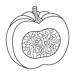 Hand Drawn Chopped pumpkin line art. Half pumpkin doodle icon. Black and white Pumpkin vector illustration. Perfect For Poster, Greeting Card, Coloring page for kids and adults. 