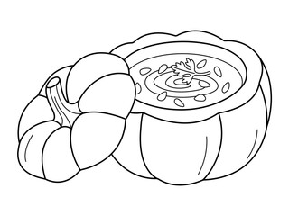 Hand Drawn Pumpkin soup line art, doodle icon. Black and white Pumpkin vector illustration. Perfect For Poster, Greeting Card, Coloring page for kids and adults. 