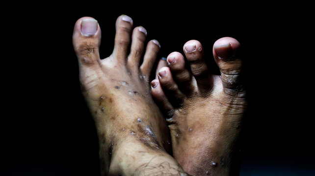 Close-up of feet with severe ulceration and dry wounds. Ideal for medical literature, healthcare presentations, or educational materials on skin conditions, diabetic foot care, and wound treatment.