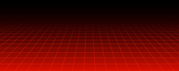 Red glowing neon wireframe background. Shining checkered horizontal grid planes in perspective. Retro futuristic depth wallpaper. Arcade game sci fi matrix surface backdrop for poster, banner. Vector © vika_k