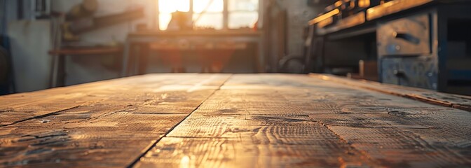 Wooden table in workshop studio. Workshop background