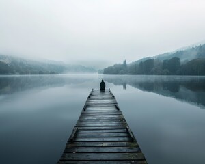 Fototapeta premium Solitary Figure on a Foggy Morning by the Lake