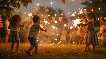 Children Playing With Sparklers at an Evening Gathering