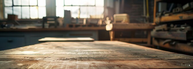 Wooden table in workshop studio. Workshop background