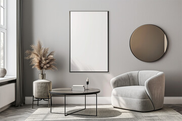 Modern Japandi Living Room Interior with Vertical A0 Frame Mockup