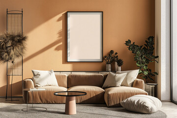 Modern Japandi Living Room Interior with Vertical A0 Frame Mockup