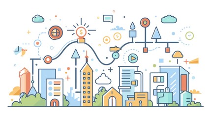 A startups journey depicted as a path from a humble garage to a highrise office, flat design top view innovative strategies cartoon drawing