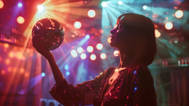 A woman in a 1970s jumpsuit posing with a disco ball in a club-like setting