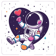 Astronaut floating space giving heart sign against starry cosmos background. Space exploration themed cartoon vibrant colors, love gesture, astronaut spacesuit against outer stars