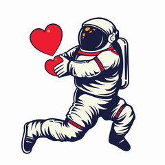 Astronaut kneeling offering heart symbol love cosmic romance. Space suit adorned figure proposing gesture affection cosmic valentine. Bold red heart held space traveler graphic style isolated white