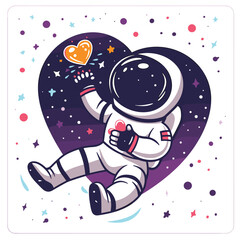 Fototapeta premium cartoon astronaut floats space, surrounded stars planets, depicting outer space adventure. Astronaut helmet reflects heart symbol, signifying love space exploration. Colorful cosmic scene includes