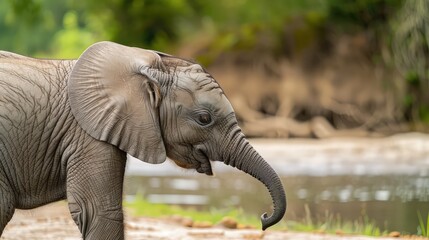 A baby elephant, loxodonta africana, using its trunk to smell.