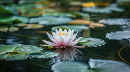 Lotus blossom floating on pond, surrounded by lilypads