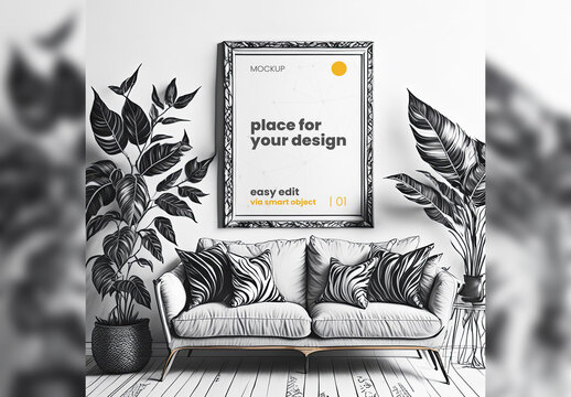 Poster Frame Mockup illustrated digital scene 01 Generative Ai