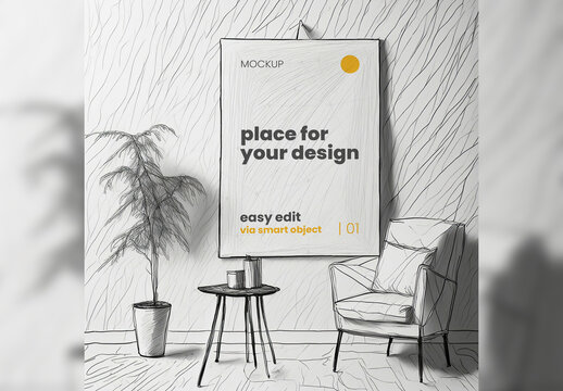 Poster Frame Mockup illustrated digital pencil graphite linear style Generative Ai