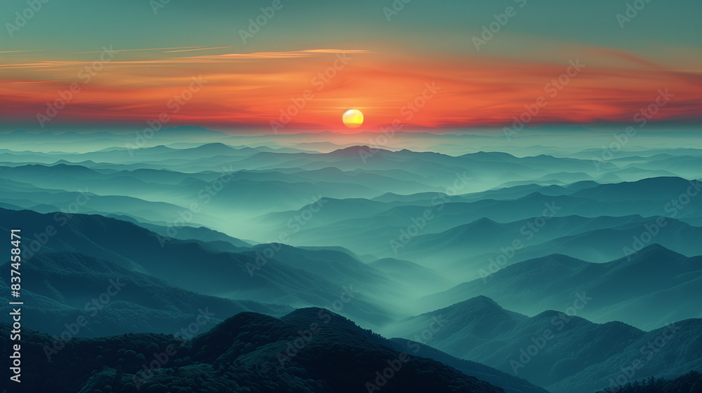 Wall mural Mountain Sunset Sky Landscape: A beautiful evening scene with the sun setting over misty mountains, casting a warm glow over the serene valley