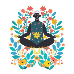 Elderly African man meditating surrounded colorful floral pattern. Senior male character practices yoga, flowers leaves backdrop, serene expression. Dark skin individual performs lotus pose, vibrant