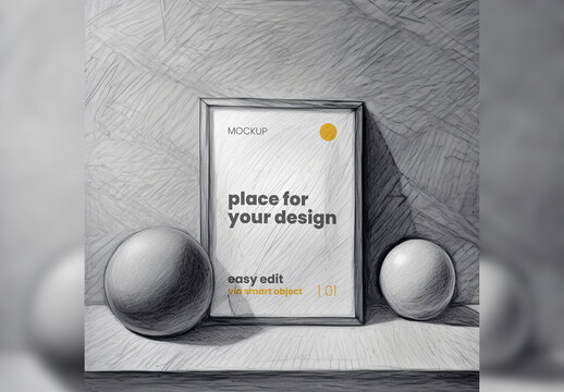 Poster Frame Mockup illustrated graphite pencil balls 02 Generative Ai