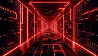 Obraz premium Glowing Red Neon Squares in Infinite Tunnel