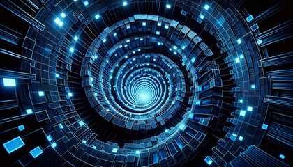 Glowing Blue Neon Squares in Spiral Tunnel