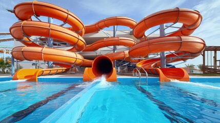A high-energy aqua park banner with multiple orange slides intersecting and diverging above a large blue pool, capturing the excitement of a water park adventure.