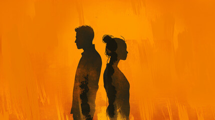 silhouette of a man and woman standing back to each other, in a digital art style, illustration painting, on an orange background, with a dark black color tone and high contrast, expressing emotion