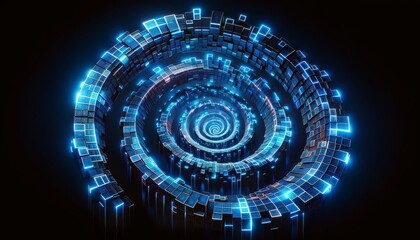 Fototapeta premium Futuristic Blue Neon Spiral Tunnel on Black Background