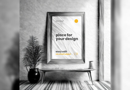 Poster Frame Mockup illustrated graphite pencil scene Generative Ai