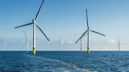 A panoramic view of a large offshore wind farm, with multiple turbines standing tall in the open blue sea under a clear sky.