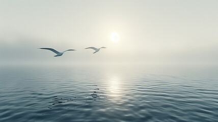 Obraz premium Serene sunset over the calm ocean, where seagulls fly freely under the orange sky
