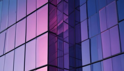A high-definition capture of a glass building facade reflecting a vibrant, abstract gradient sky of dark blue and pink purple hues.