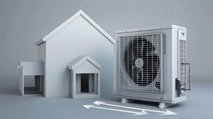Fototapeta premium A realistic visualization of a high-efficiency air conditioning unit beside a minimalist house model, with arrows showing the cool airflow path.